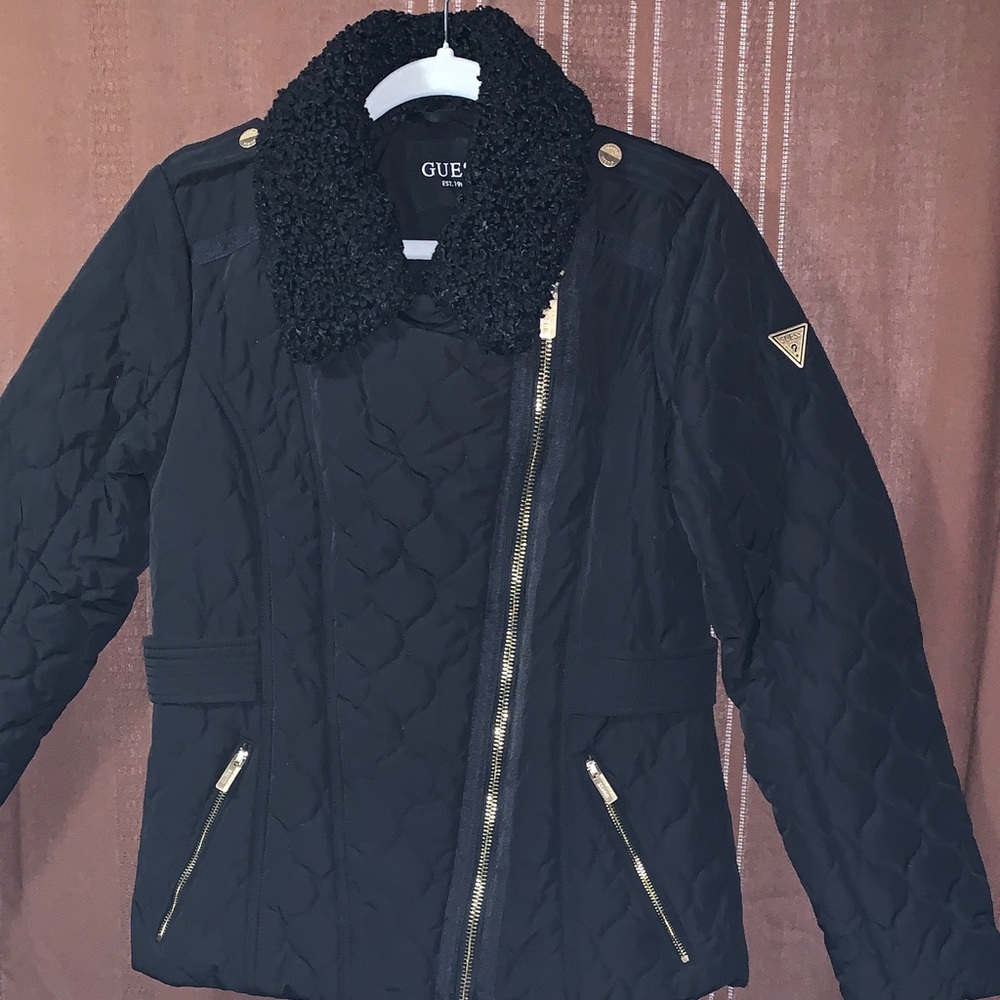 GUESS Women's Black Puffer Jacket with Gold Accents